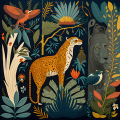 Jungle animals set pattern illustration, flat colorful design, granular texture
