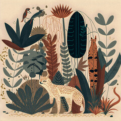 Jungle animals set pattern illustration, flat colorful design, granular texture