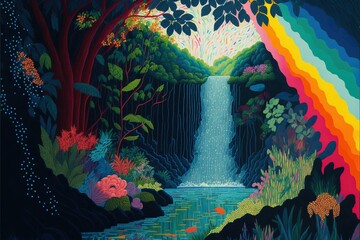 Wide view of a majestic waterfall and a stream, magical illustration made with Generative AI