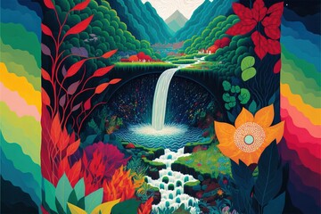 Wide view of a majestic waterfall and a stream, magical illustration made with Generative AI