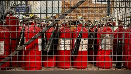 Storage cage containing dozens of bright red fire extinguishers inside a building