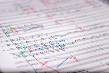 Annotations by a conductor on a musical score
