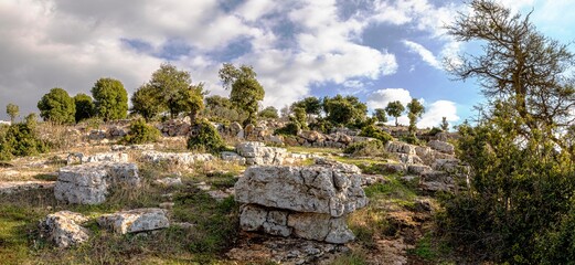 Fototapeta na wymiar اثار صخرية في قمة الجبل الاخضر- الاردن- Aljabal al- akhder- Green mountain summet-ruins- Jordan