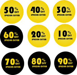 special offer pack in yellow and black background, icons 10% to 90% Off 