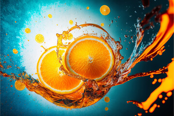 Fresh juicy orange slices splashing in a water closeup, Generative AI © Magdalena Wojaczek