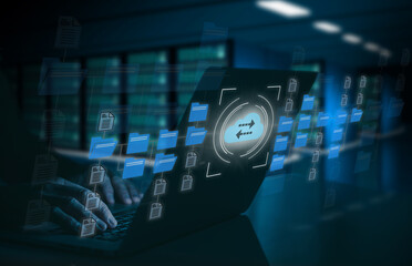 Fototapeta premium Businessman working on virtual screen with digital documents. Manage online documentation database.