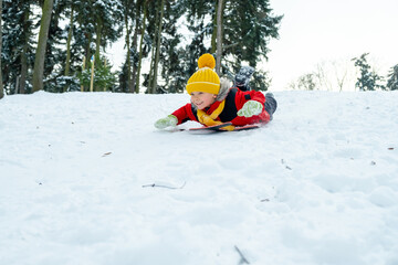 Boy sledding in winter forest. Winter holidays.