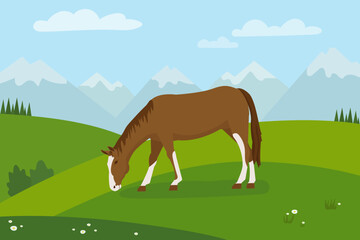 Fototapeta na wymiar Rural landscape with grazing horse horse with green meadows in background. Background with mountains and blue sky in the background. Flat design.