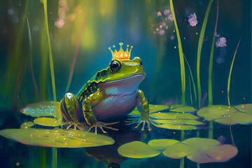 Enchanted Cute Frog on Lilly Pad. Generative ai - 557254788