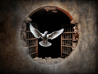 White dove flying out of old dungeon as symbol of freedom, copy space, illustration