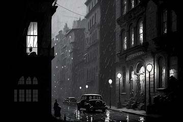 rainy city street with buildings and an old car driving in the night in noir style created with Generative AI technology