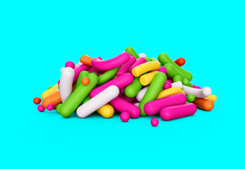Colorful candy sprinkles pouring isolated on blue background 3d illustration