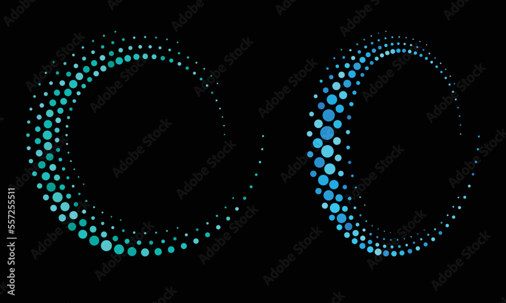 Poster Halftone round as icon or background. Abstract blue vector circle frame with dots as logo or emblem. Circle white border isolated on the black background for your design.