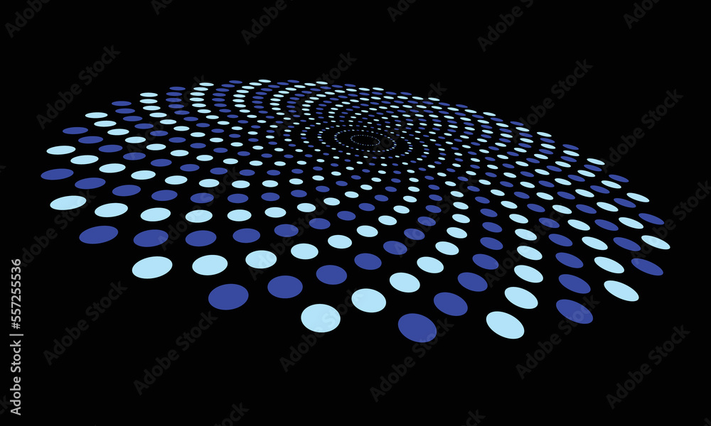 Fototapete Modern abstract background. Halftone blue dots in circle form. Round logo. Vector dotted frame with perspective. Design element or icon.