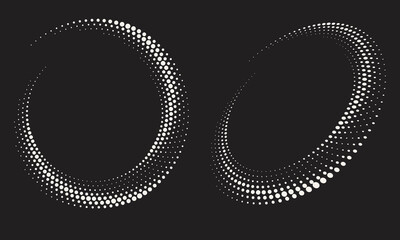 Halftone round as icon or background. Abstract vector circle frame with dots as logo or emblem. Circle white border isolated on the black background for your design.