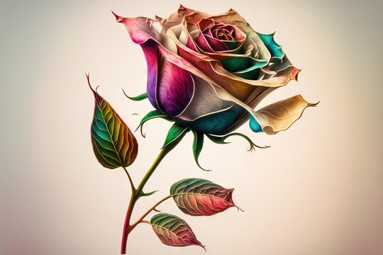  a colorful rose with leaves on a white background with a pink background and a blue background with a white background. Generative AI