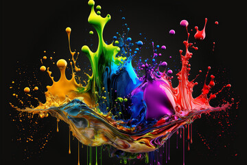 Abstract fluid artwork neon colorful drops of exploding paint, acrylic blots abstract splashes, Generative AI