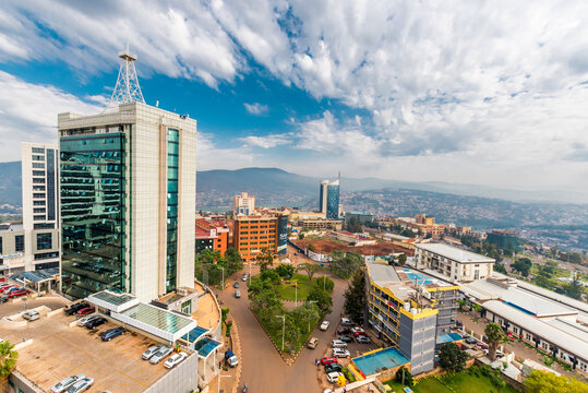 Kigali, Rwanda - September 21, 2018: a wide view looking down on the city centre with Pension Plaza in the foreground and Kigali City Tower in the background