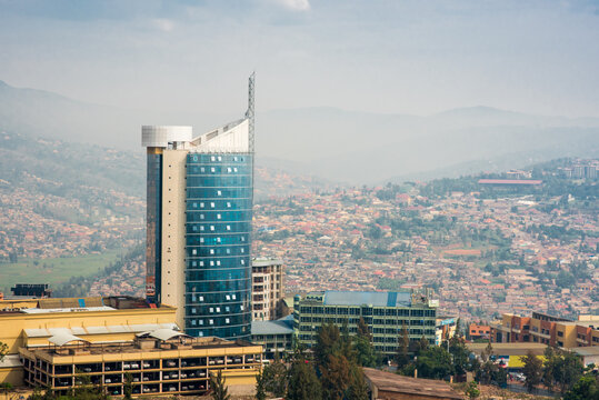Kigali, Rwanda - September 21, 2018: Kigali City Tower isolated against the backdrop of hazy hills that fade into the distance