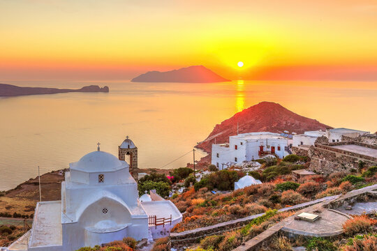The sunset from the castle above the village of Plaka in Milos, Greece.