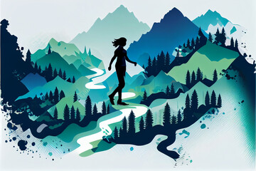 Vector Style Graphic of Woman Hiking in Mountains. generative ai