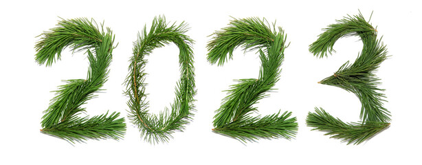2023 New Year. Two thousand twenty-three New Year. Numbers are made of a pine tree branches. Happy New Year. Isolated on a white background