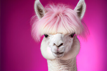Obraz premium Funky Alpaca with Light Pink Bangs. Generative ai