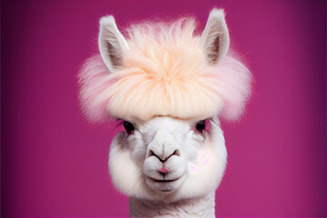 Fototapeta na wymiar Funky Alpaca with Light Pink Bangs. Generative ai