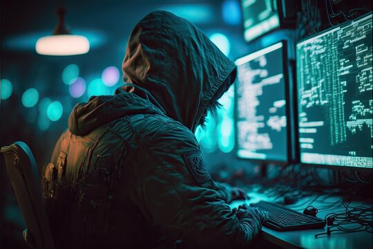 Hooded hacker programmer sits in front of computer, back view. Generative AI.