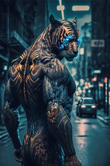 Obraz na płótnie Canvas Humanoid tiger mutant in a cyberpunk city, character design. 