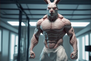 Fototapeta na wymiar Jacked muscle bodybuilder bunny rabbit humanoid mutant working out in the gym