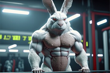 Jacked muscle bodybuilder bunny rabbit humanoid mutant working out in the gym