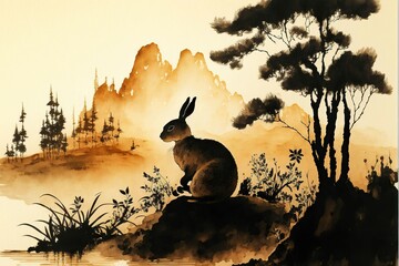 Traditional chinese ink wash painting of landscape with rabbit, lunar new years, year of the rabbit 2023.