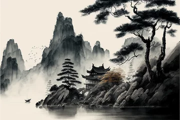 Fotobehang Traditional chinese ink wash painting, black and white. © Henry Letham