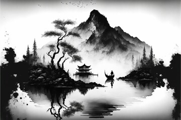 Traditional chinese ink wash painting, black and white.