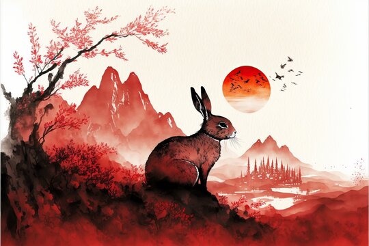 Traditional chinese ink wash painting of landscape with rabbit, lunar new years, year of the rabbit 2023.