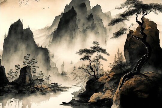 Traditional chinese ink wash painting, black and white.