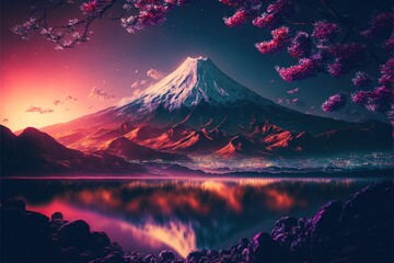 Beautiful japanese landscape illustration inspired by Mount Fuji. - obrazy, fototapety, plakaty