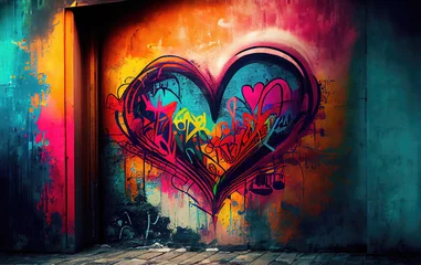 Fototapete Graffiti Colorful graffiti heart on wall as love symbol illustration (Generative AI)