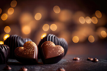 Heart-shaped praline chocolate candy on table for Valentine's Day (Generative AI)