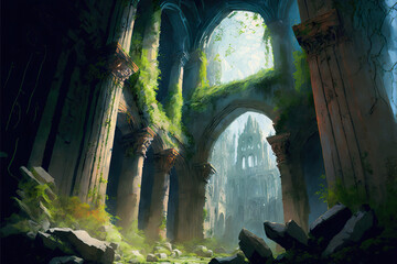 Naklejka premium Inside an overgrown ancient temple ruin.