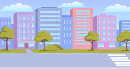 Colorful cityscpe and an empty street vector illustration.
