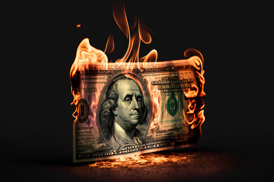 Inflation economy, burning money dollar note, Generative AI 