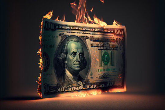 dollar bill in fire, inflation economy, debt recession, financial crisis, Generative AI 