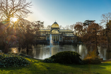 Fototapeta na wymiar Madrid, Spain 28-12-2022 the Glass Palace located in El Retiro Park, a UNESCO World Heritage Site. It was originally built in 1887 as a greenhouse to showcase flora and fauna as part of an exhibition