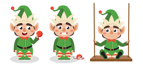 Set of Christmas funny elves in cartoon style. Vector illustration of cute elf characters with Christmas balls and on a swing isolated on white background.