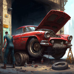 Jacking up an old, red car. Generative AI.
