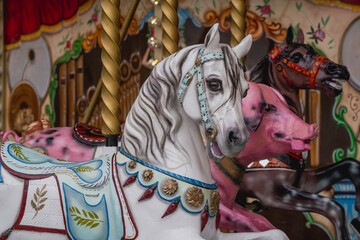 Fototapeta na wymiar carousel white horse portrait with foreground 