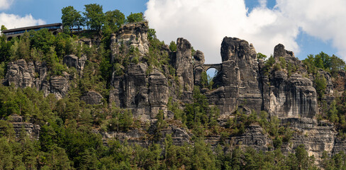 View from the river side of the Bastei Bridge and rocks in Saxon National Park