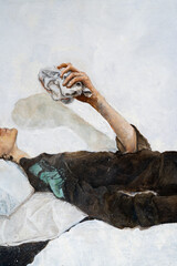 A young man with curly hair holds a handkerchief in his hand. The young man lies on a pillow. Classical melancholy painting with biblical motifs. Clock on a white wall.